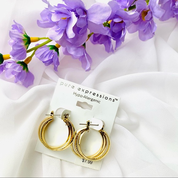🌹PURE EXPRESSIONS HYPO ALLERGENIC gold plated three layer hoop earring - Picture 1 of 7